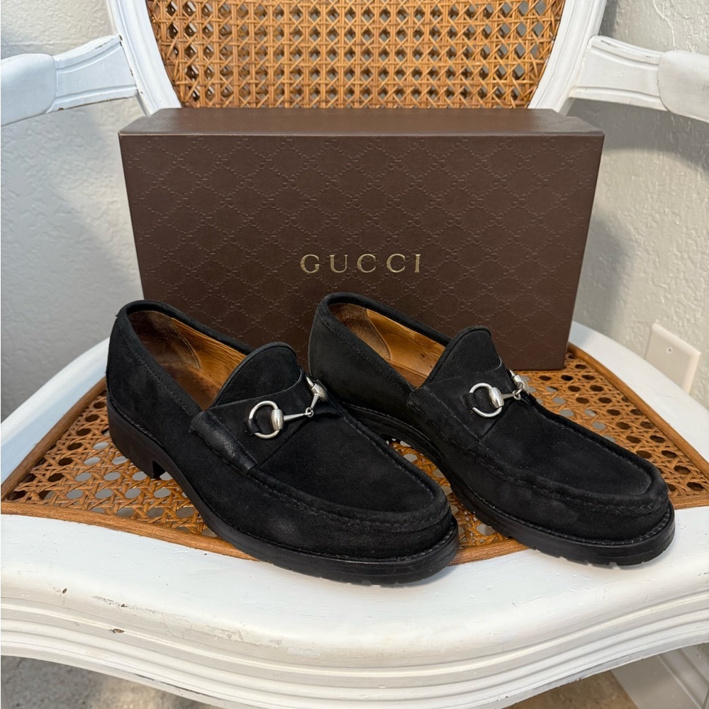 Gucci Mens Black Suede Silver Bit Lug Sole 8.5 D Loafer With Gucci Box